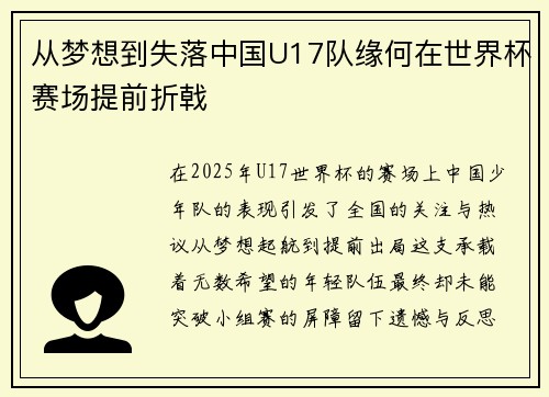 从梦想到失落中国U17队缘何在世界杯赛场提前折戟